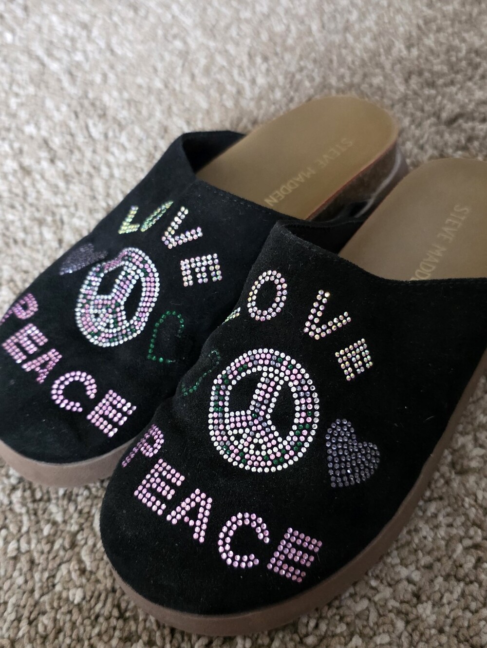 Steve Madden Black Suede Rhinestone 'Love Peace' Slip-On Clogs